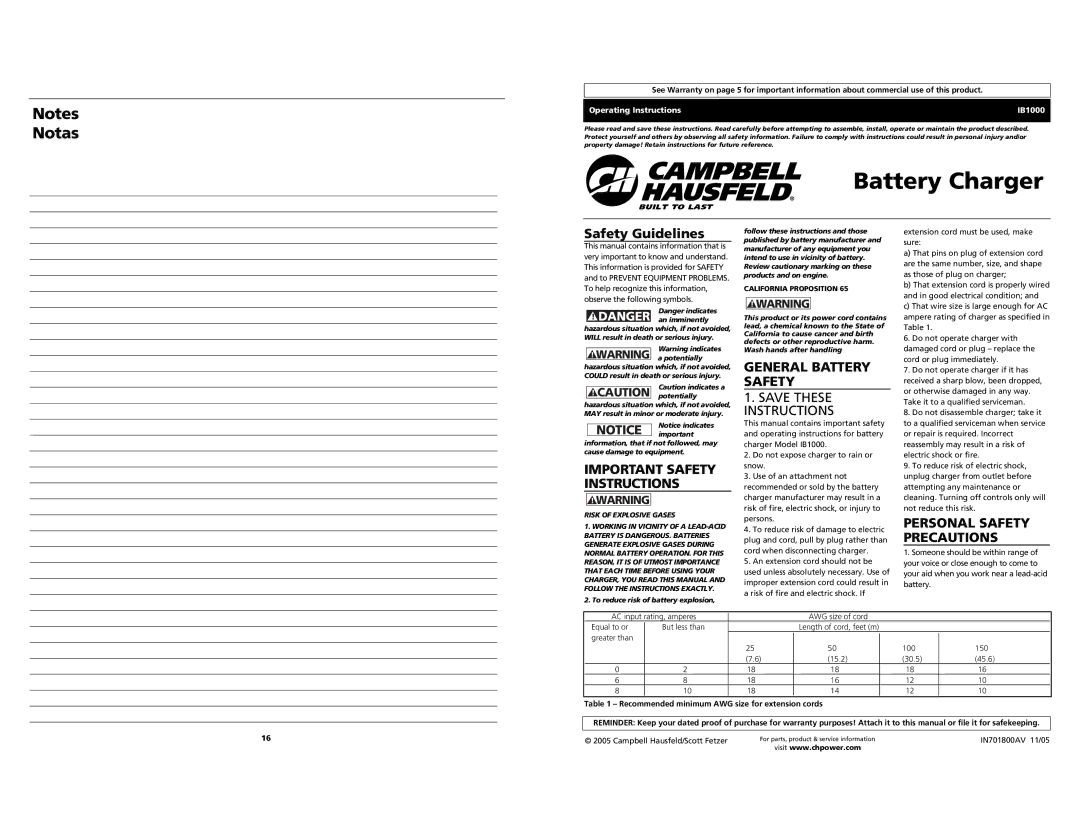 Campbell Hausfeld IB1000 important safety instructions Battery Charger, Safety Guidelines, Important Safety Instructions 