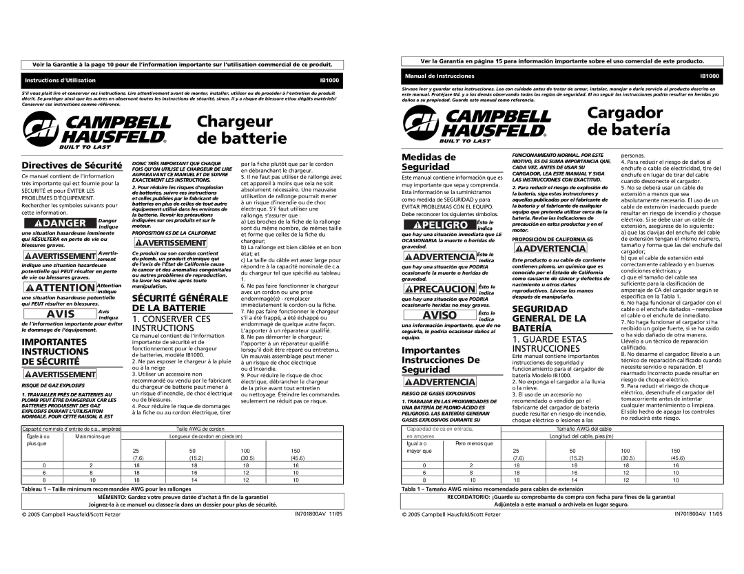 Campbell Hausfeld IB1000 Chargeur de batterie, Cargador de batería, Importantes Instructions DE Sécurité 