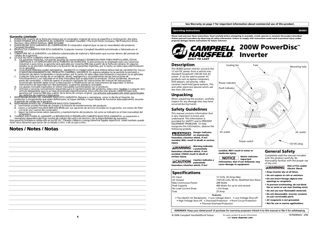 Campbell Hausfeld IB3003 specifications Description, Unpacking, Safety Guidelines, General Safety, Specifications 