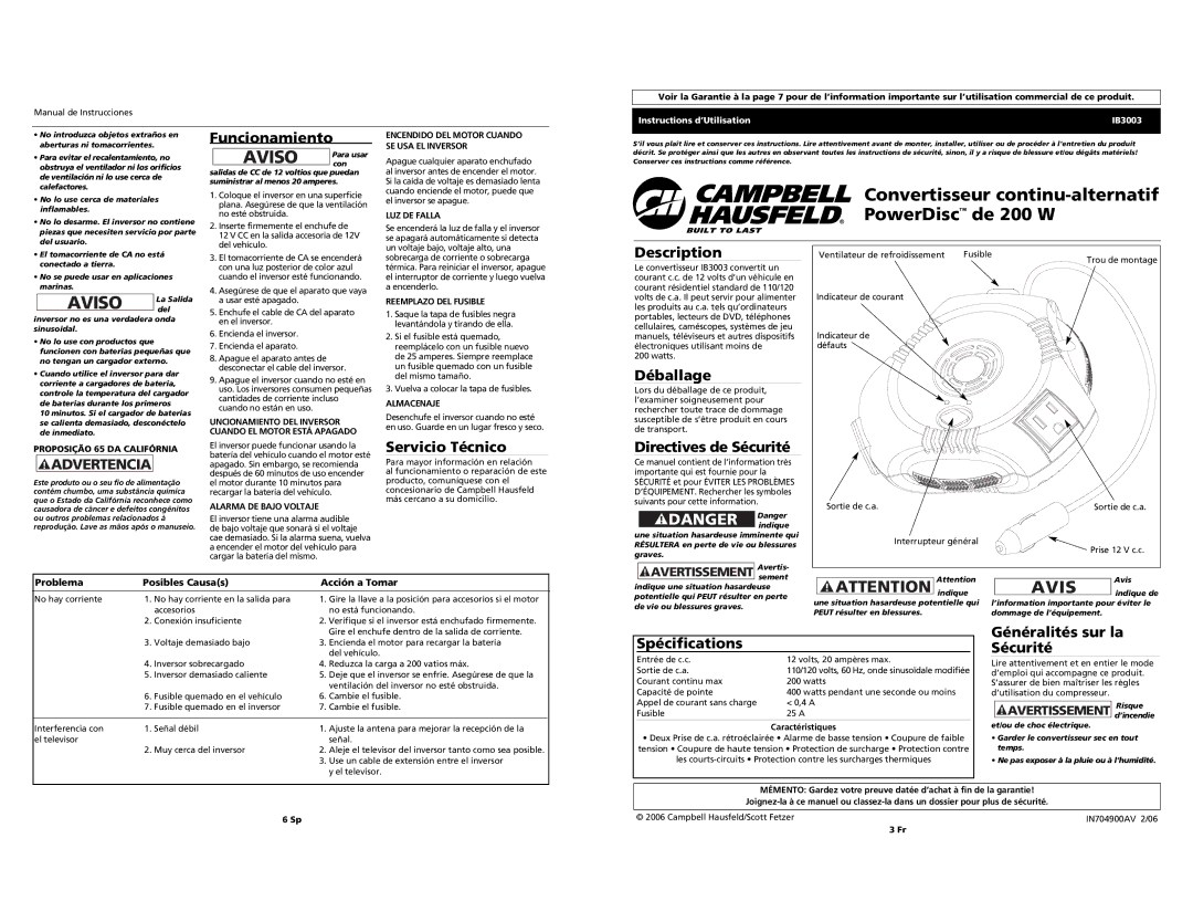 Campbell Hausfeld IB3003 specifications Funcionamiento, Servicio Técnico, Déballage, Directives de Sécurité, Spécifications 