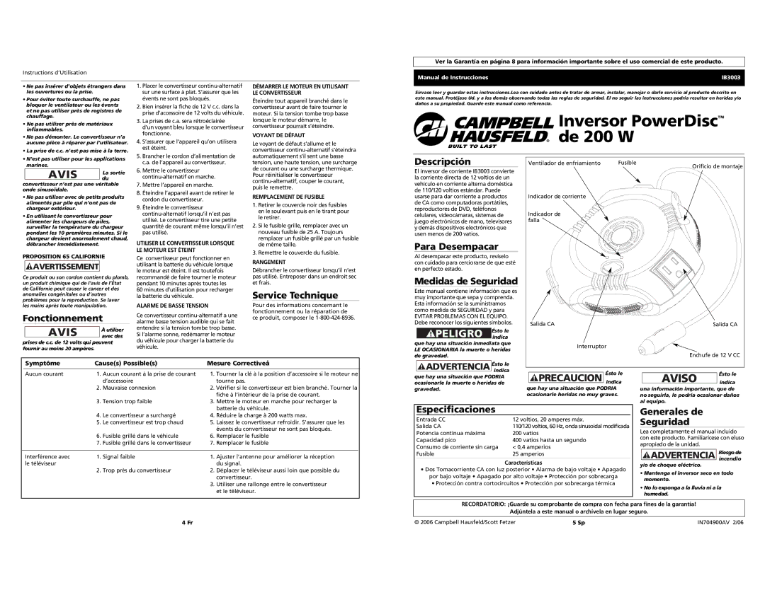 Campbell Hausfeld IB3003 Fonctionnement, Service Technique, Descripción, Para Desempacar, Medidas de Seguridad 