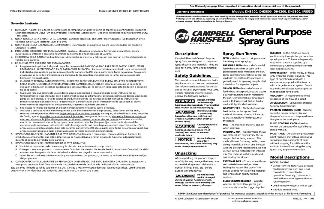 Campbell Hausfeld DH5300, IF5530, DH3200 operating instructions Description, Safety Guidelines, Unpacking, Spray Gun Terms 