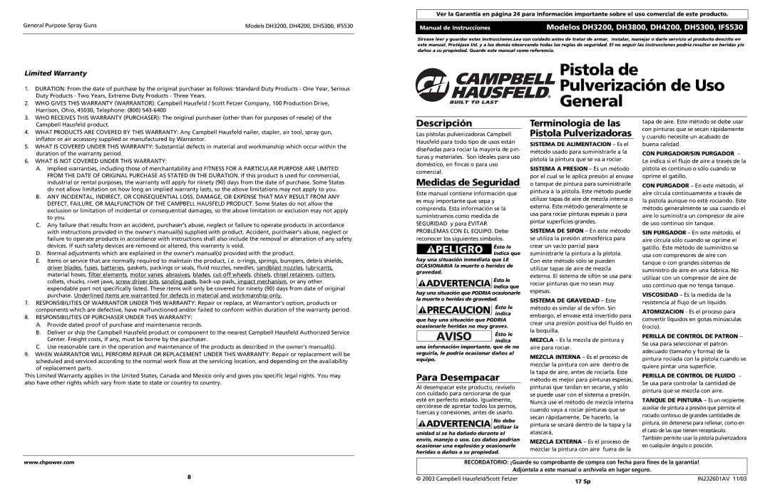 Campbell Hausfeld DH4200 Descripción, Para Desempacar, Terminologia de las Pistola Pulverizadoras, Limited Warranty 