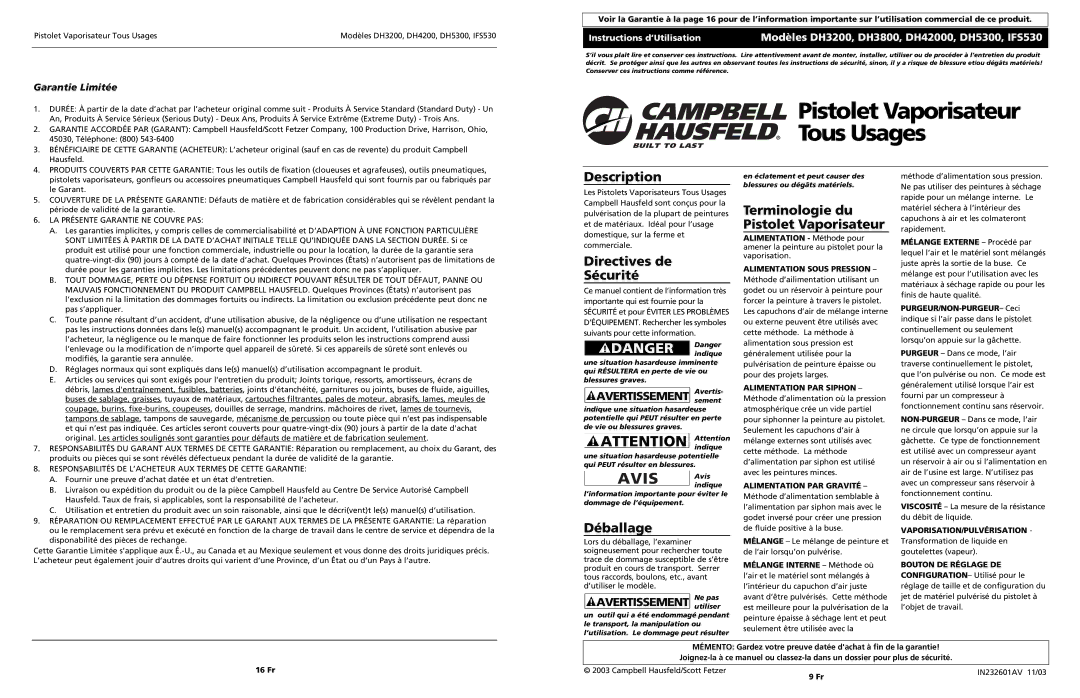 Campbell Hausfeld DH3800 Directives de Sécurité, Déballage, Terminologie du Pistolet Vaporisateur, Garantie Limitée 