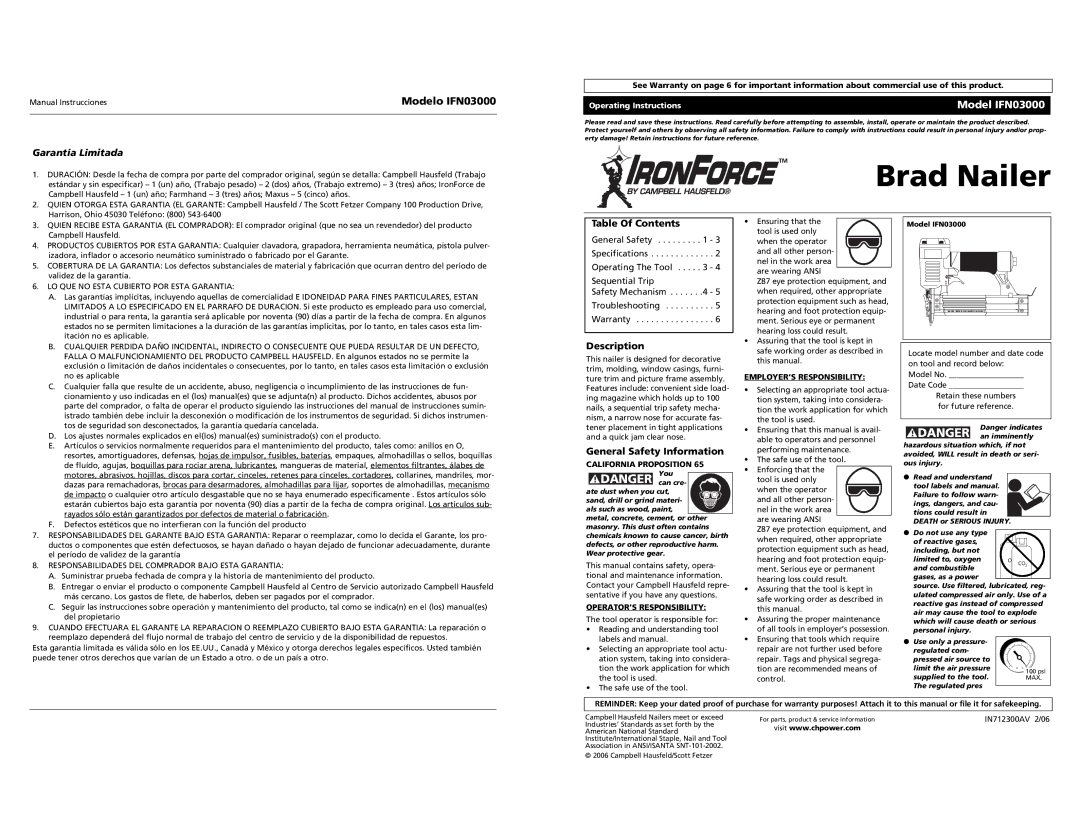 Campbell Hausfeld operating instructions Modelo IFN03000, Garantía Limitada, Table Of Contents, Description 