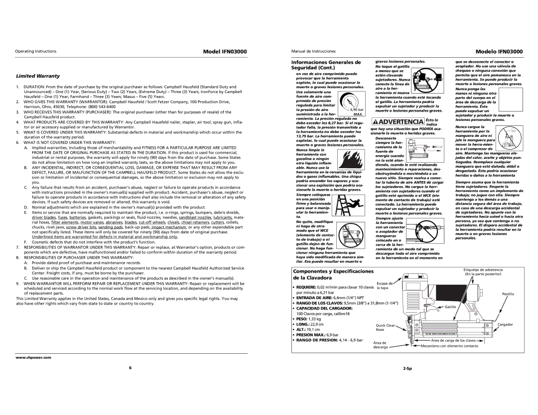 Campbell Hausfeld IFN03000 operating instructions Limited Warranty, Componentes y Especificaciones de la Clavadora 