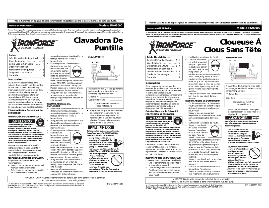 Campbell Hausfeld IFN03000 operating instructions Descripción, Table Des Matières, Généralités sur la Sécurité 