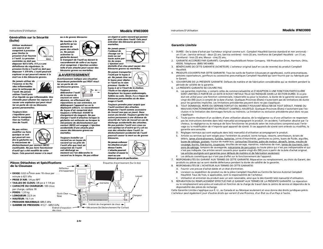 Campbell Hausfeld Modèle IFN03000, Généralités sur la Sécurité Suite, Garantie Limitée, Longueur 22,9 cm 