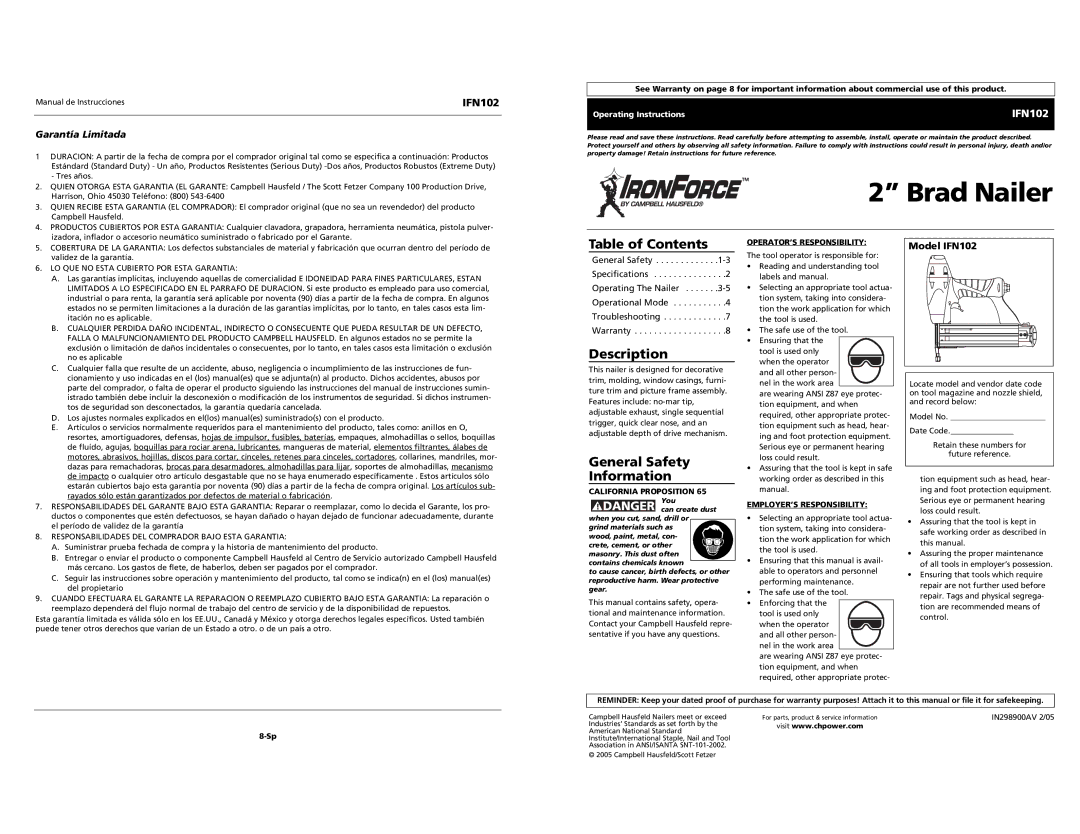 Campbell Hausfeld IFN102 specifications Table of Contents, Description, General Safety Information 