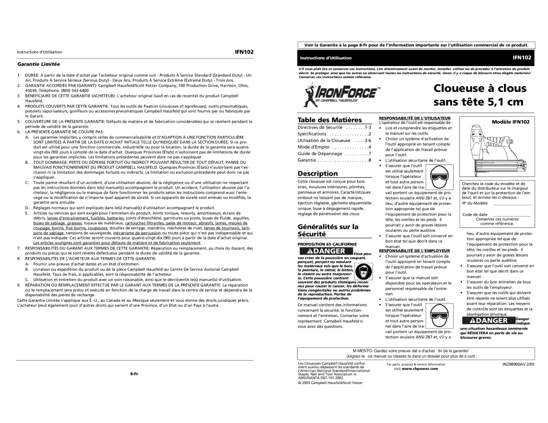 Campbell Hausfeld specifications Table des Matières, Généralités sur la Sécurité, Garantie Limitée, Modèle IFN102 