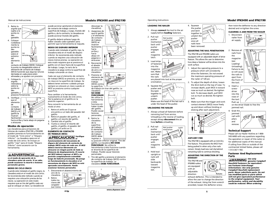 Campbell Hausfeld IFN2190, IFN3490 Modos de operación, Technical Support, Fastener And Replacement Parts 