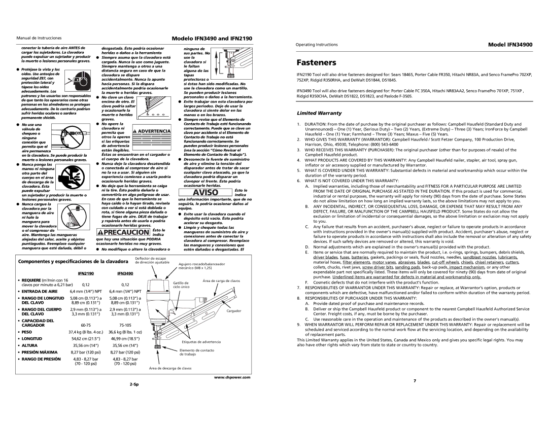 Campbell Hausfeld IFN2190 Fasteners, Model IFN34900, Limited Warranty, Componentes y especificaciones de la clavadora 