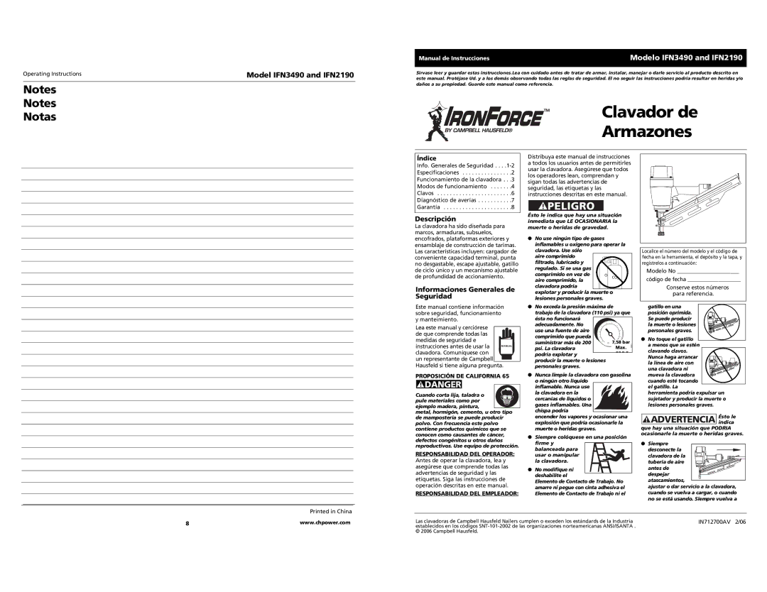 Campbell Hausfeld Notas, Modelo IFN3490 and IFN2190, Descripción, Informaciones Generales de Seguridad, Índice 