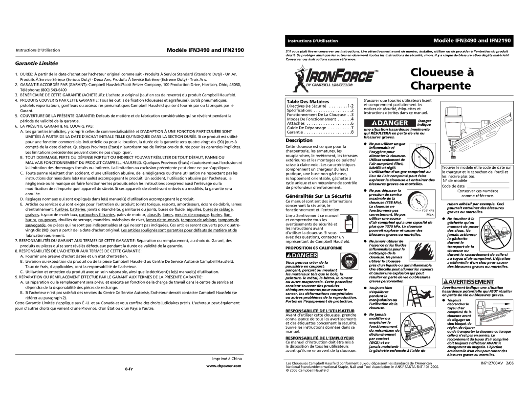 Campbell Hausfeld Modèle IFN3490 and IFN2190, Garantie Limitée, Généralités Sur La Sécurité, Table Des Matières 