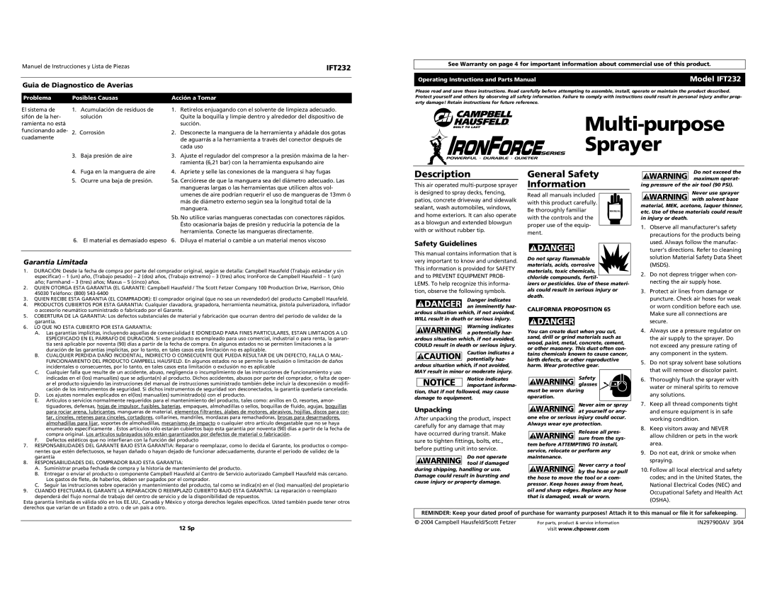 Campbell Hausfeld IFT232 operating instructions Multi-purpose Sprayer, Description, General Safety Information 