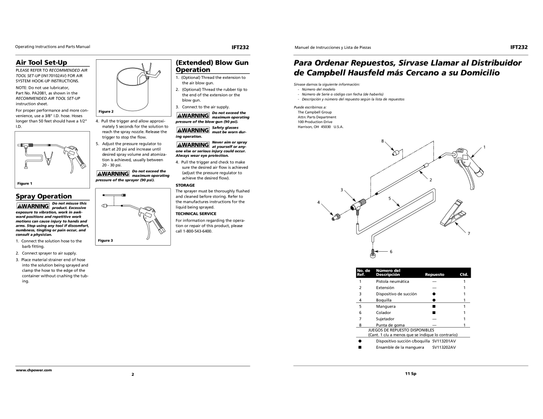 Campbell Hausfeld IFT232 operating instructions Air Tool Set-Up, Spray Operation, Extended Blow Gun Operation 