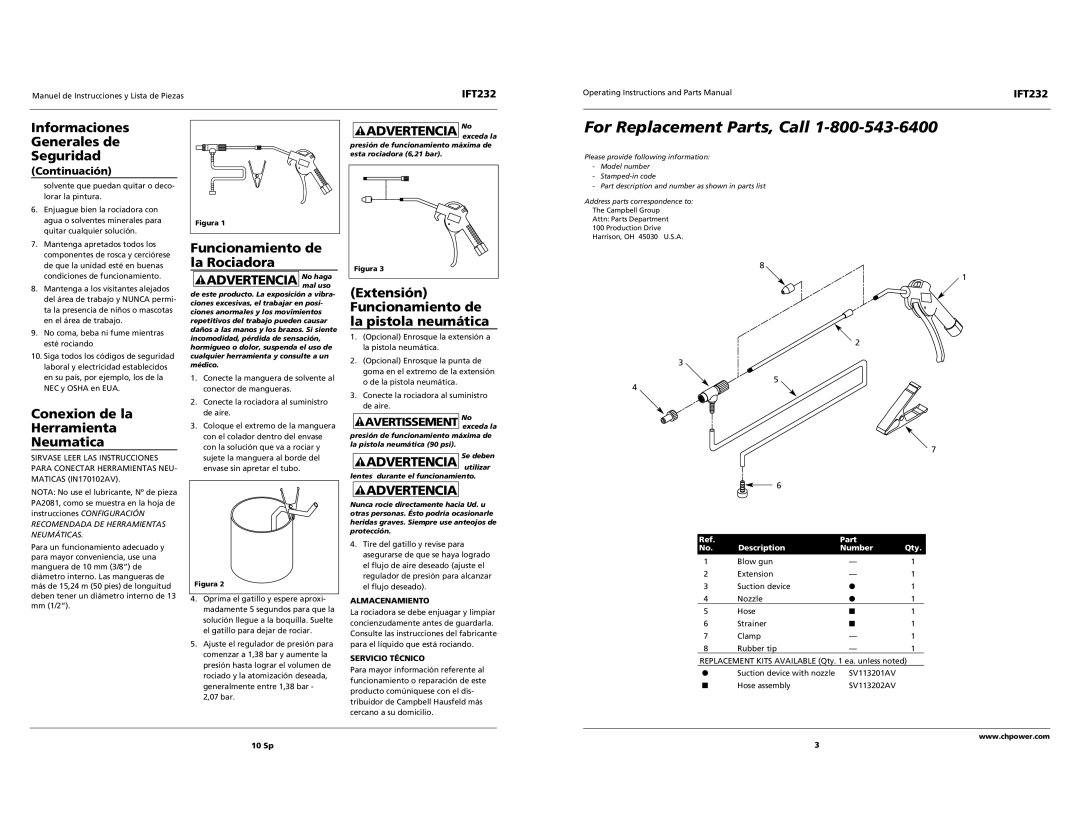 Campbell Hausfeld IFT232 operating instructions For Replacement Parts, Call 