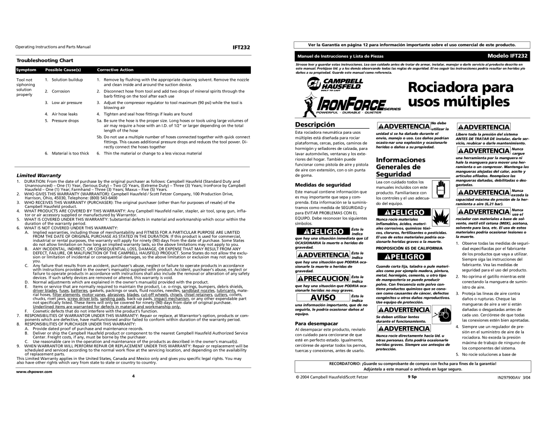 Campbell Hausfeld IFT232 Rociadora para usos múltiples, Descripción, Advertencia utilizar la, Advertencia Nuncacargue 