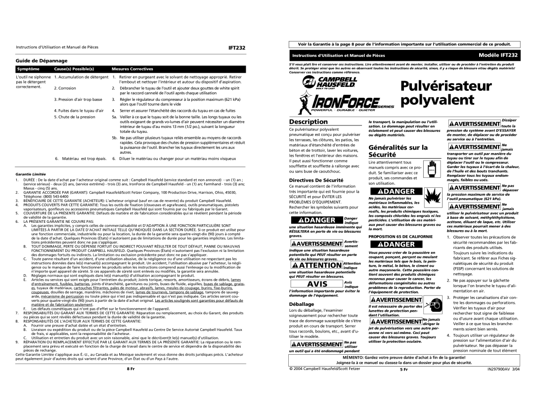 Campbell Hausfeld IFT232 operating instructions Pulvérisateur polyvalent, Généralités sur la Sécurité 