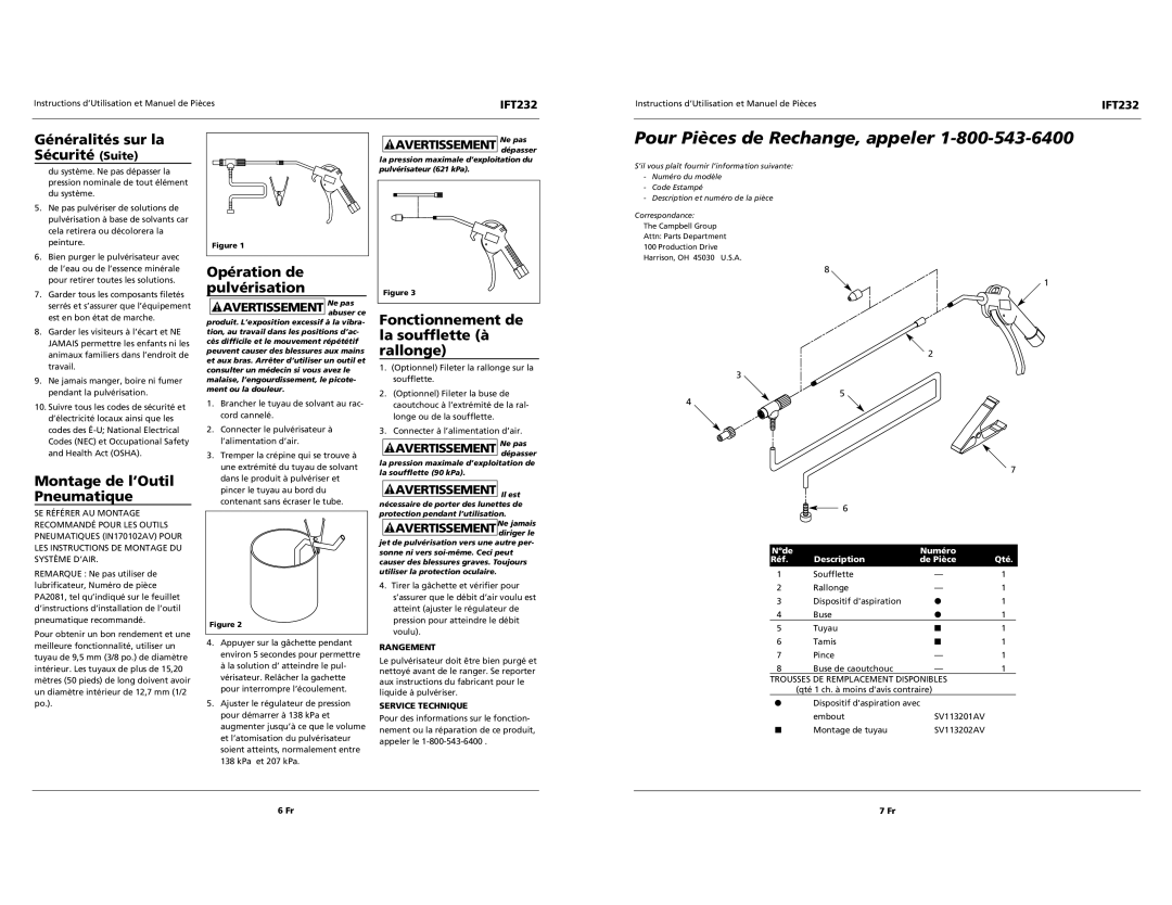 Campbell Hausfeld IFT232 Pour Pièces de Rechange, appeler, Généralités sur la Sécurité Suite, Avertissement Il est 