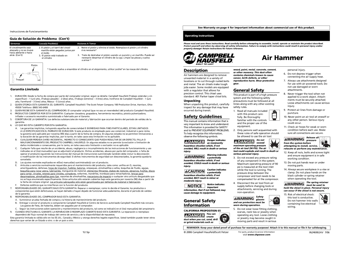 Campbell Hausfeld Impact Driver operating instructions Air Hammer, Description, General Safety, Safety Guidelines 