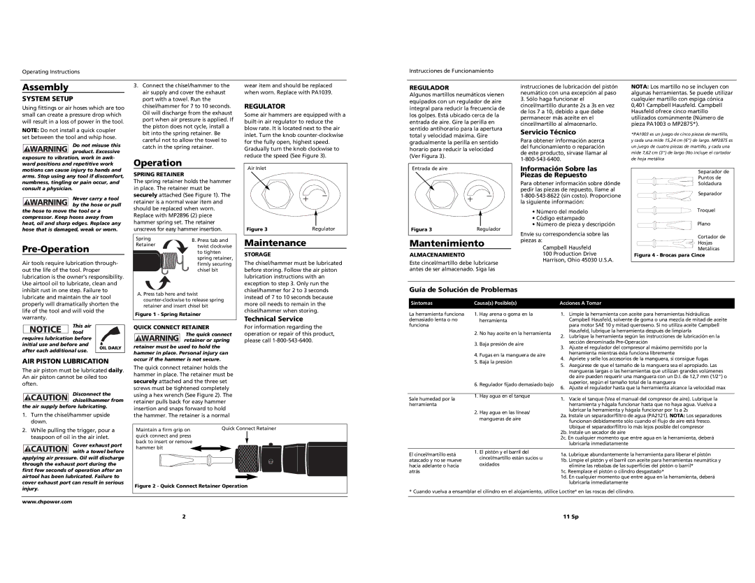 Campbell Hausfeld Impact Driver operating instructions Assembly, Pre-Operation, Maintenance, Mantenimiento 