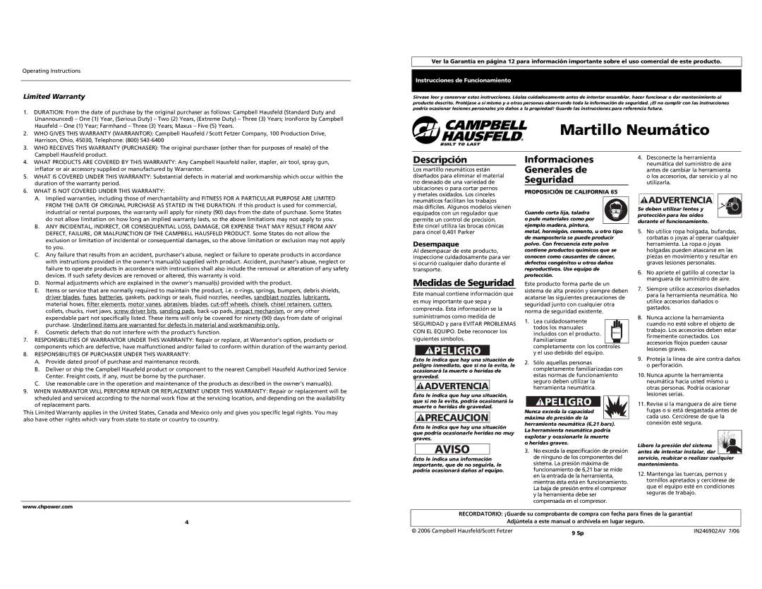 Campbell Hausfeld Impact Driver operating instructions Martillo Neumático, Aviso, Descripción, Medidas de Seguridad 