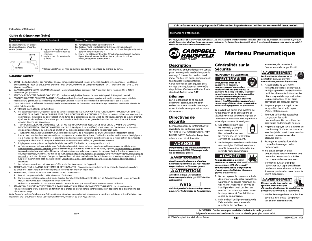 Campbell Hausfeld Impact Driver Marteau Pneumatique, Avis, Description Généralités sur la, Directives de sécurité 