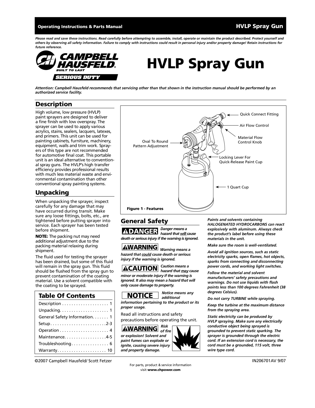 Campbell Hausfeld HVLP, IN206701AV, HV2002 operating instructions Description, Unpacking, Table Of Contents, General Safety 