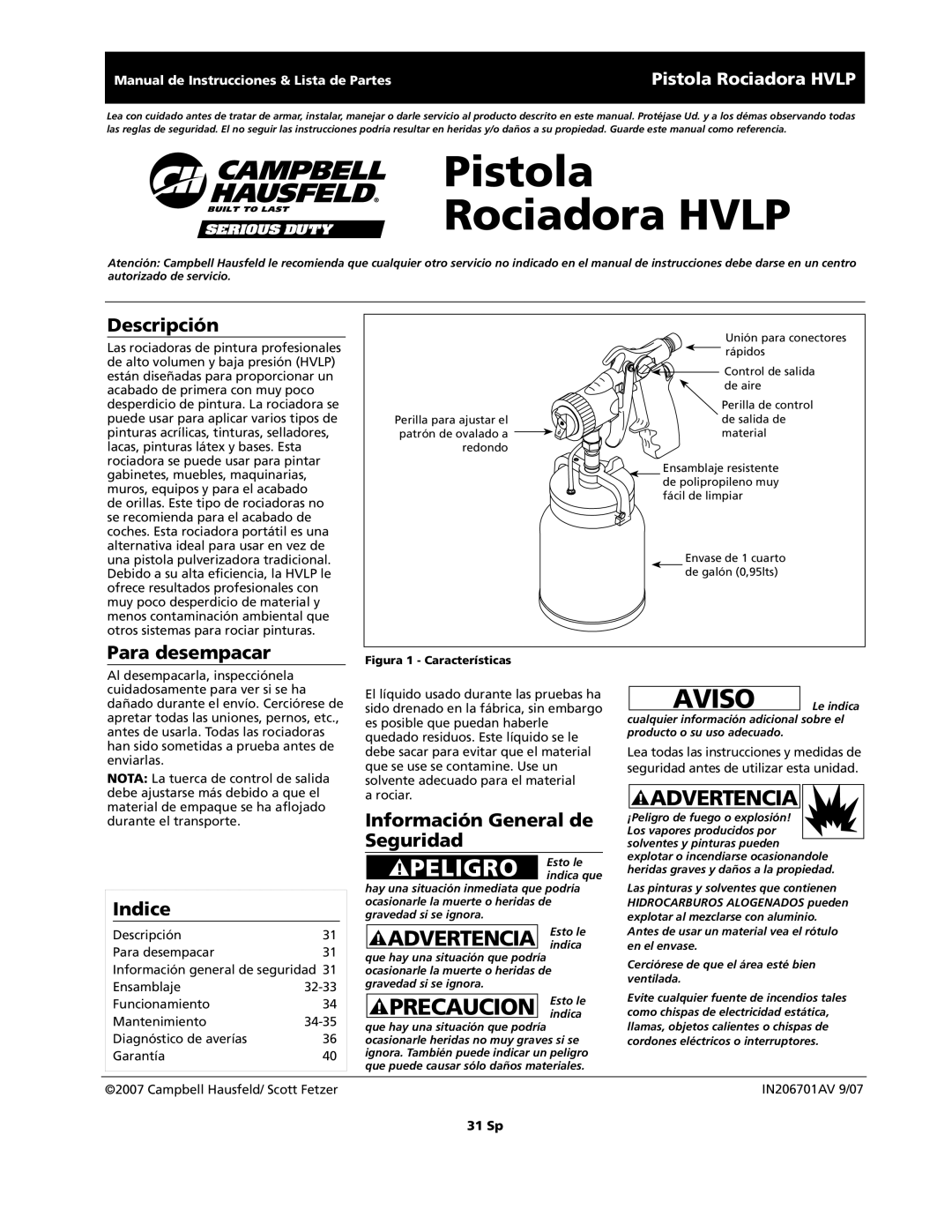 Campbell Hausfeld HVLP, IN206701AV, HV2002 Descripción, Para desempacar, Información General de, Seguridad, Indice 