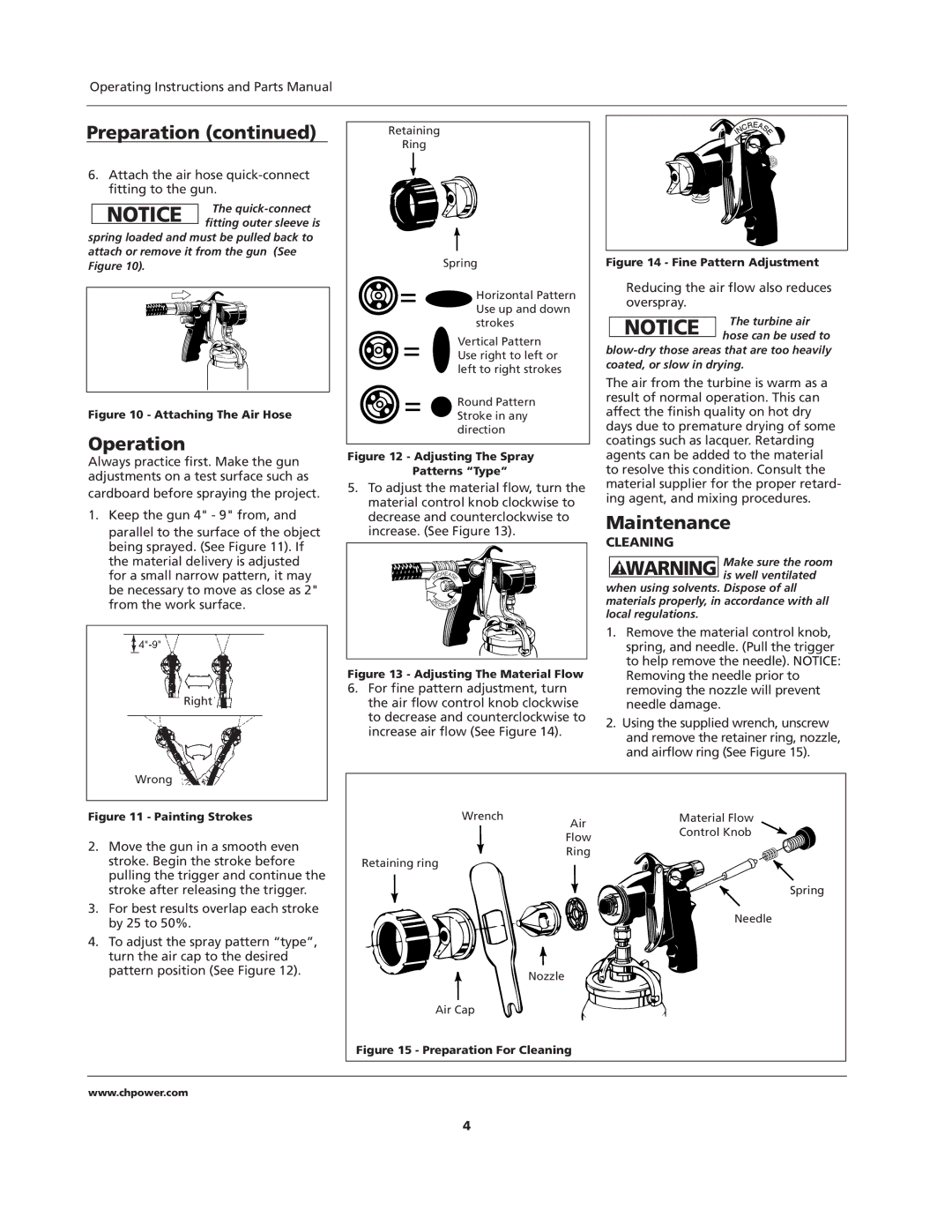 Campbell Hausfeld HVLP, IN206701AV Operation, Maintenance, Attach the air hose quick-connect fitting to the gun, Cleaning 