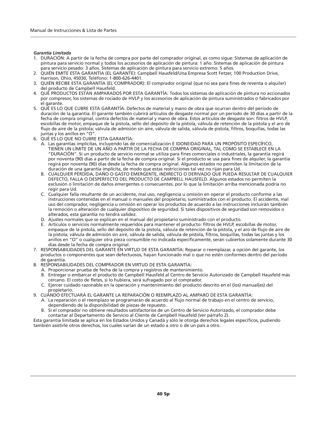 Campbell Hausfeld HVLP, IN206701AV, HV2002 operating instructions Garantía Limitada 