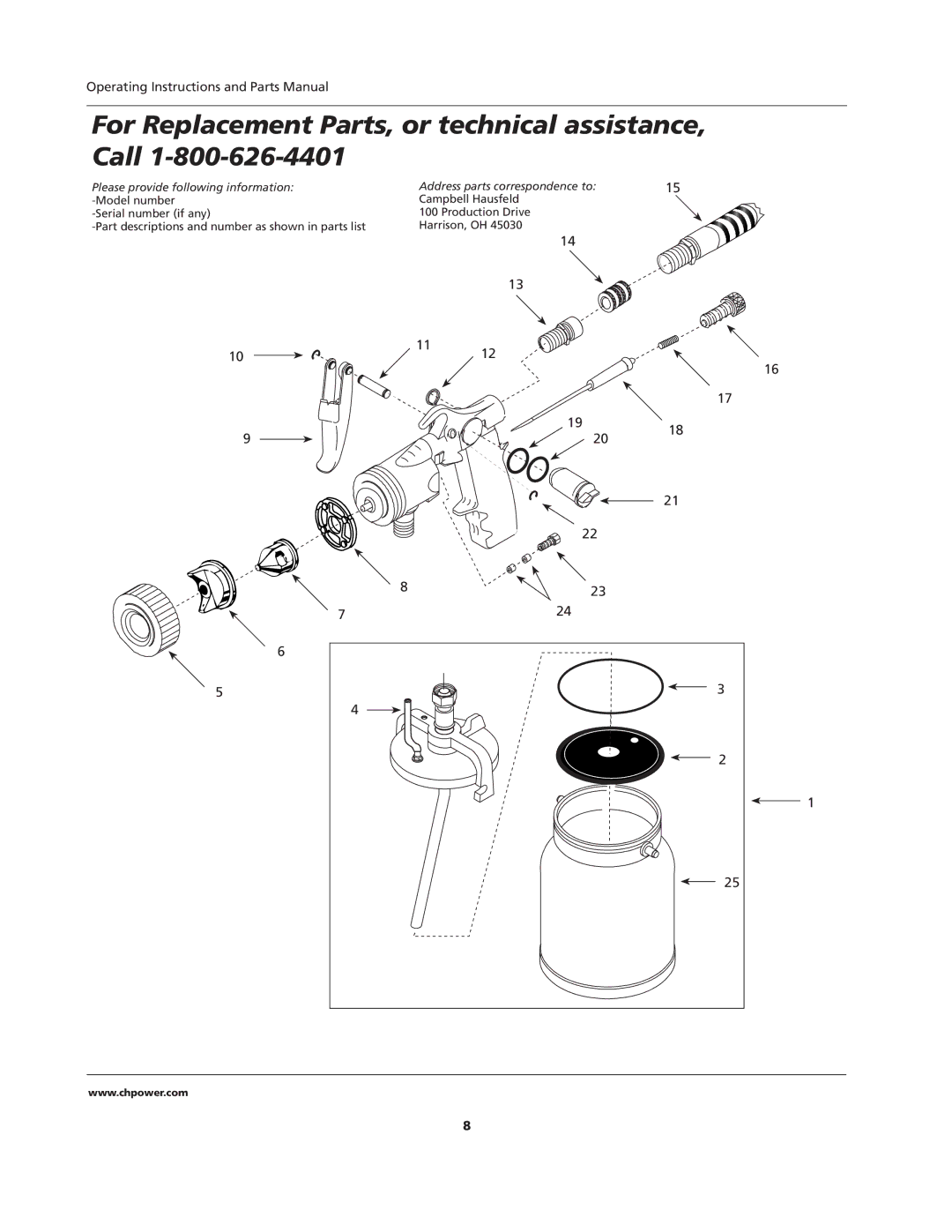 Campbell Hausfeld HV2002, IN206701AV, HVLP operating instructions For Replacement Parts, or technical assistance, Call 