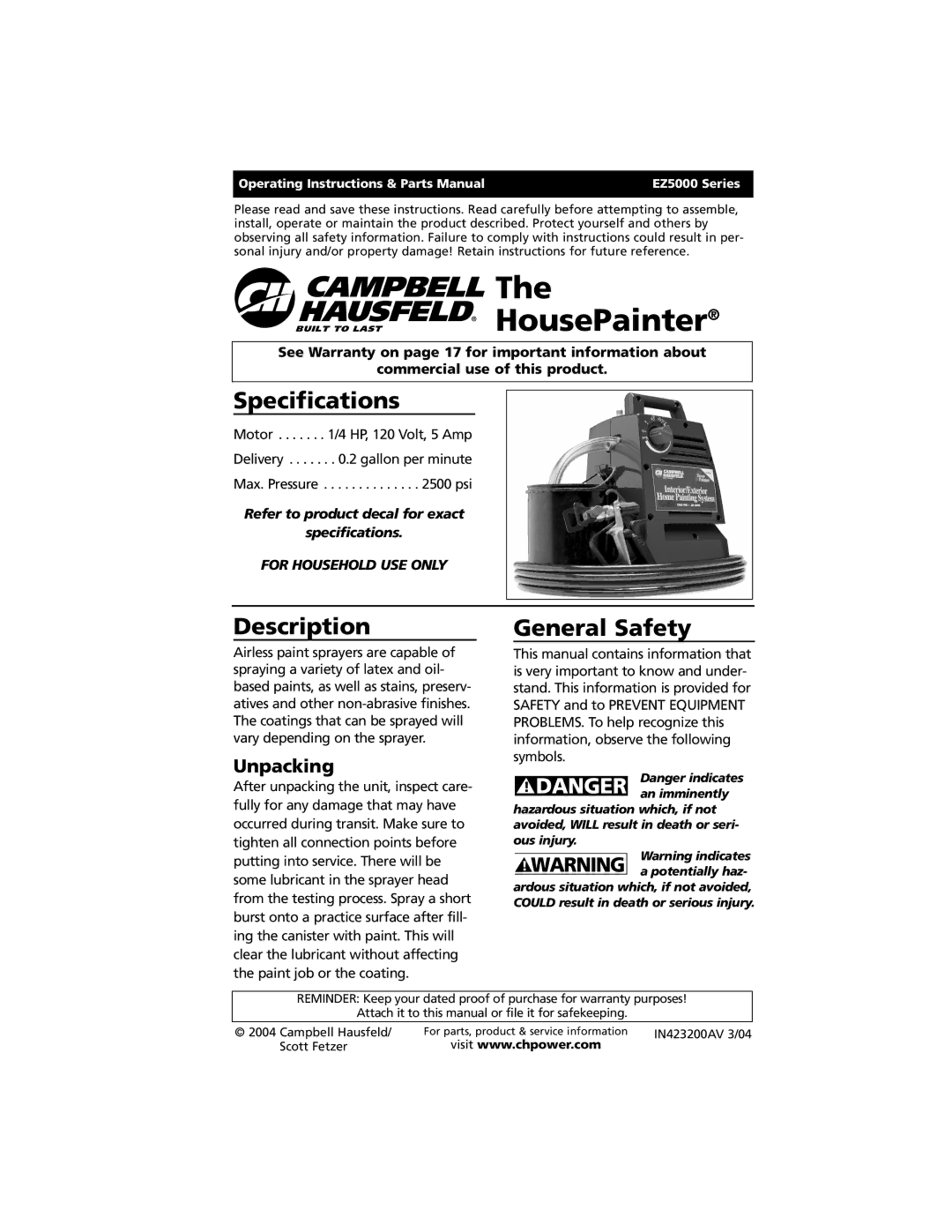 Campbell Hausfeld EZ5000 Series, IN423200AV specifications Specifications, Description, General Safety 