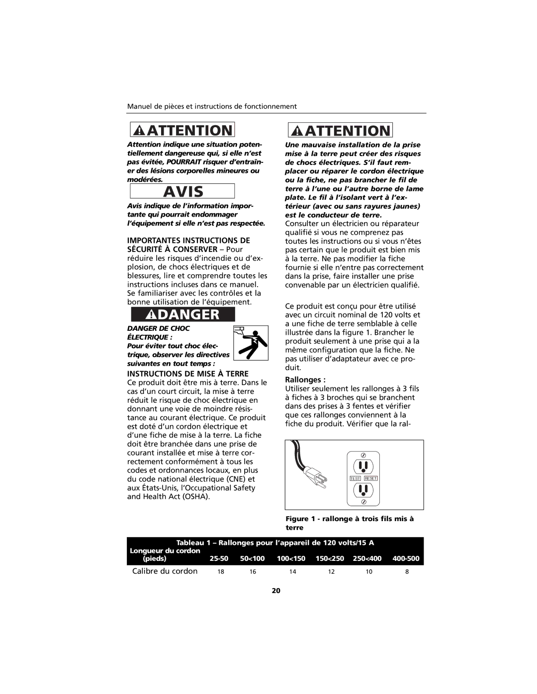 Campbell Hausfeld IN423200AV, EZ5000 Series specifications Tableau 1 Rallonges pour l’appareil de 120 volts/15 a 