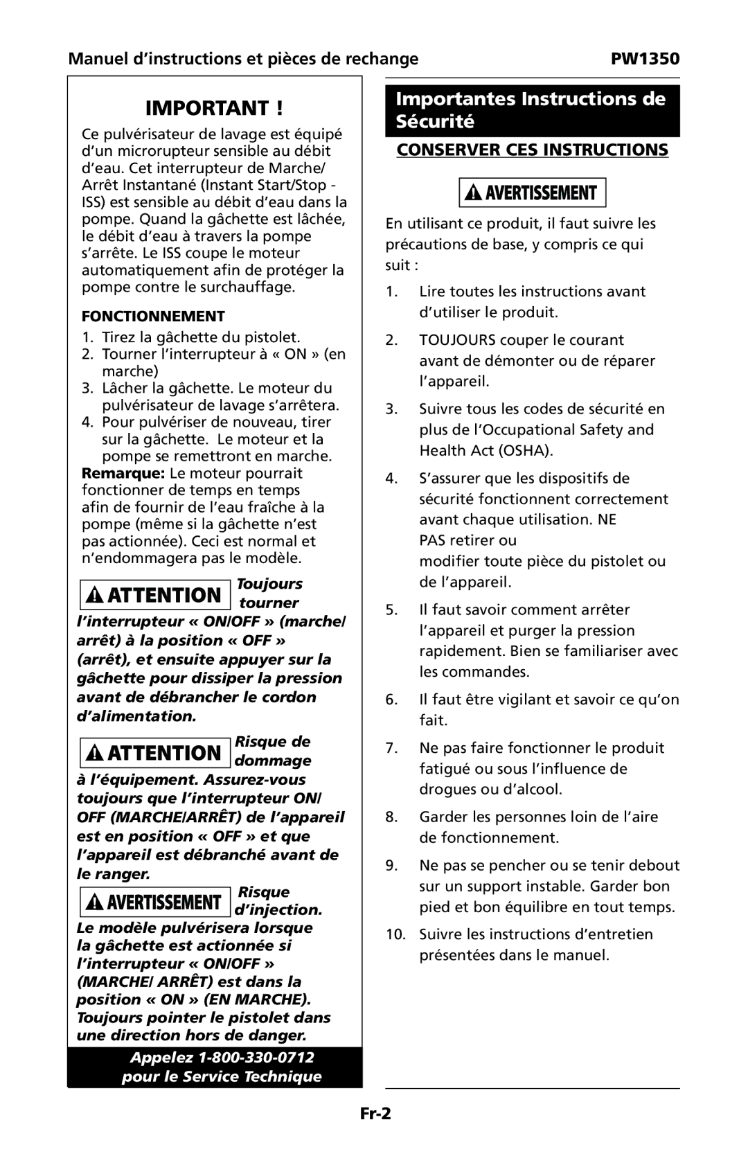 Campbell Hausfeld IN468001AV specifications Importantes Instructions de Sécurité, Fonctionnement 