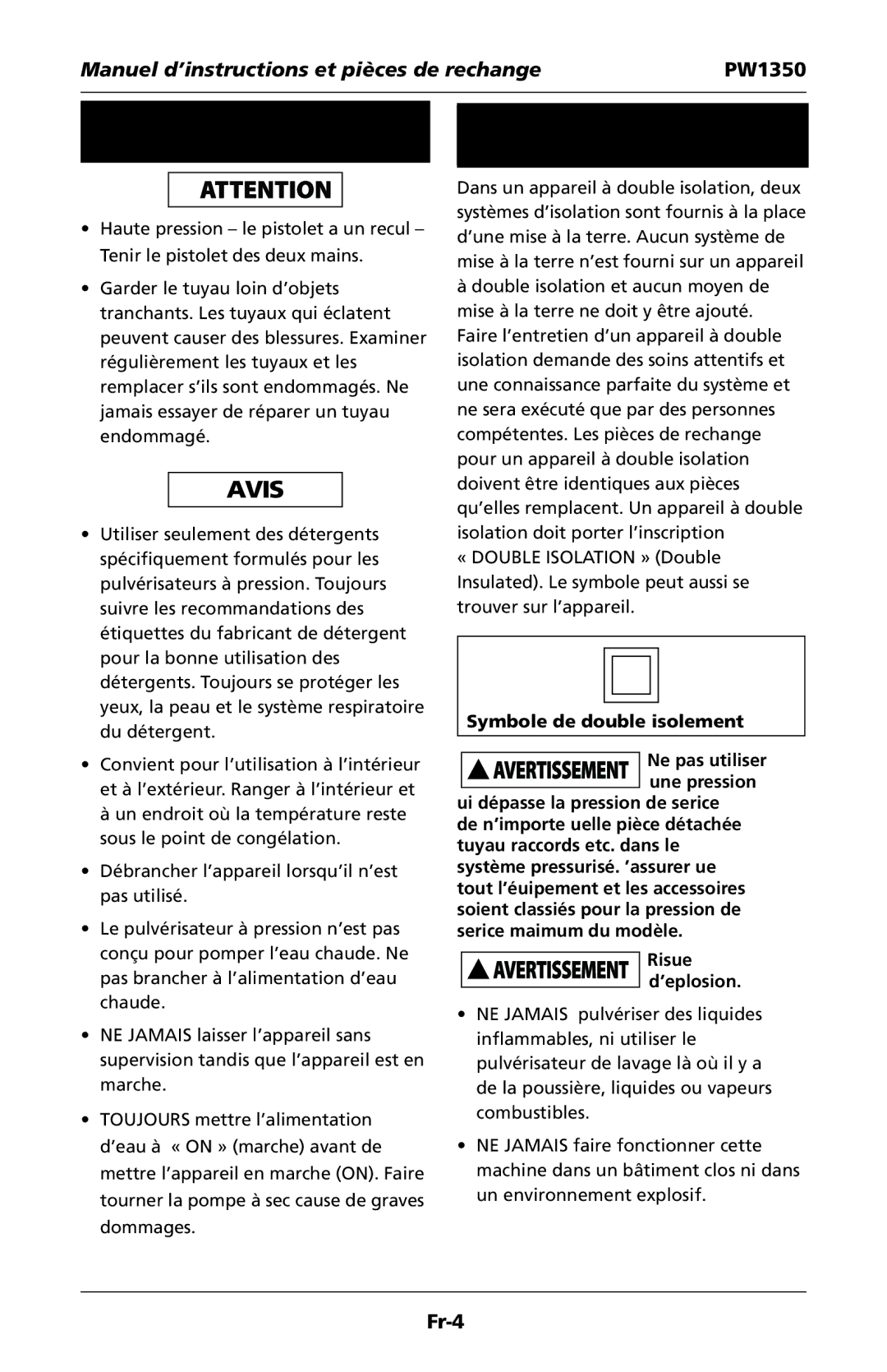 Campbell Hausfeld IN468001AV Importantes Instructions de Sécurité Suite, Entretien d’un Appareil à Double Isolation 