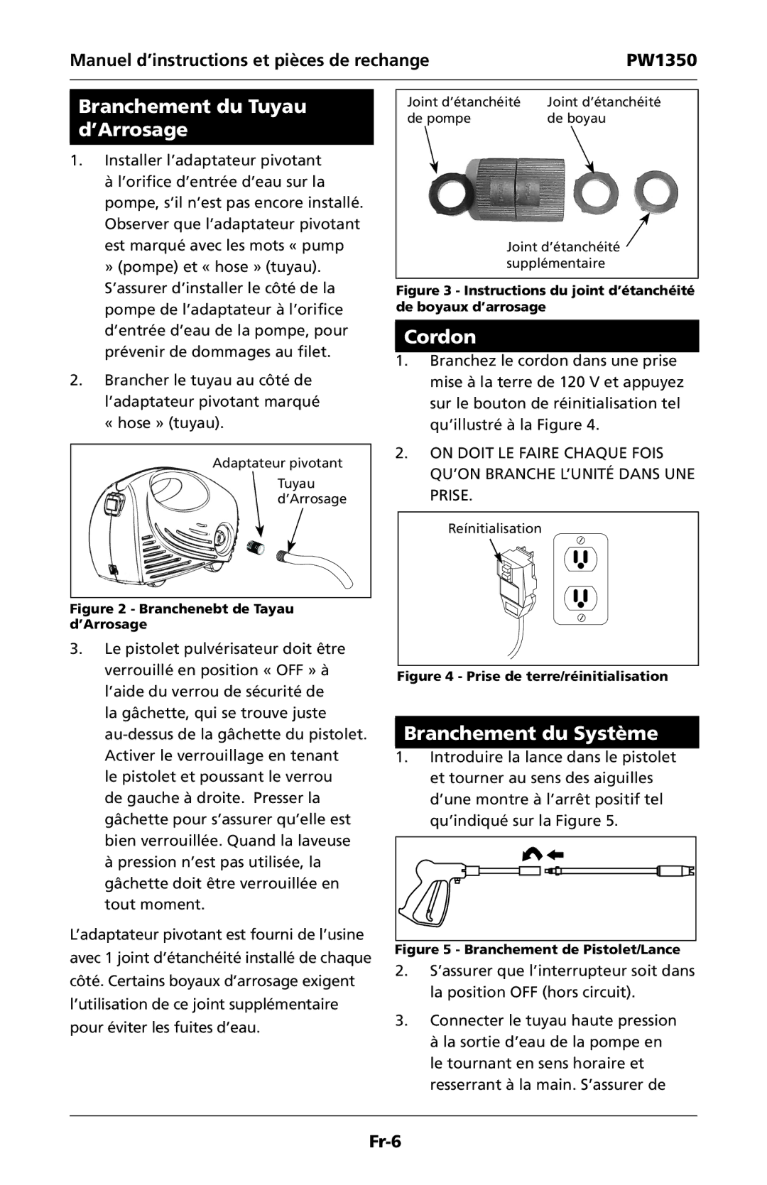 Campbell Hausfeld IN468001AV specifications Branchement du Tuyau d’Arrosage, Cordon, Branchement du Système 