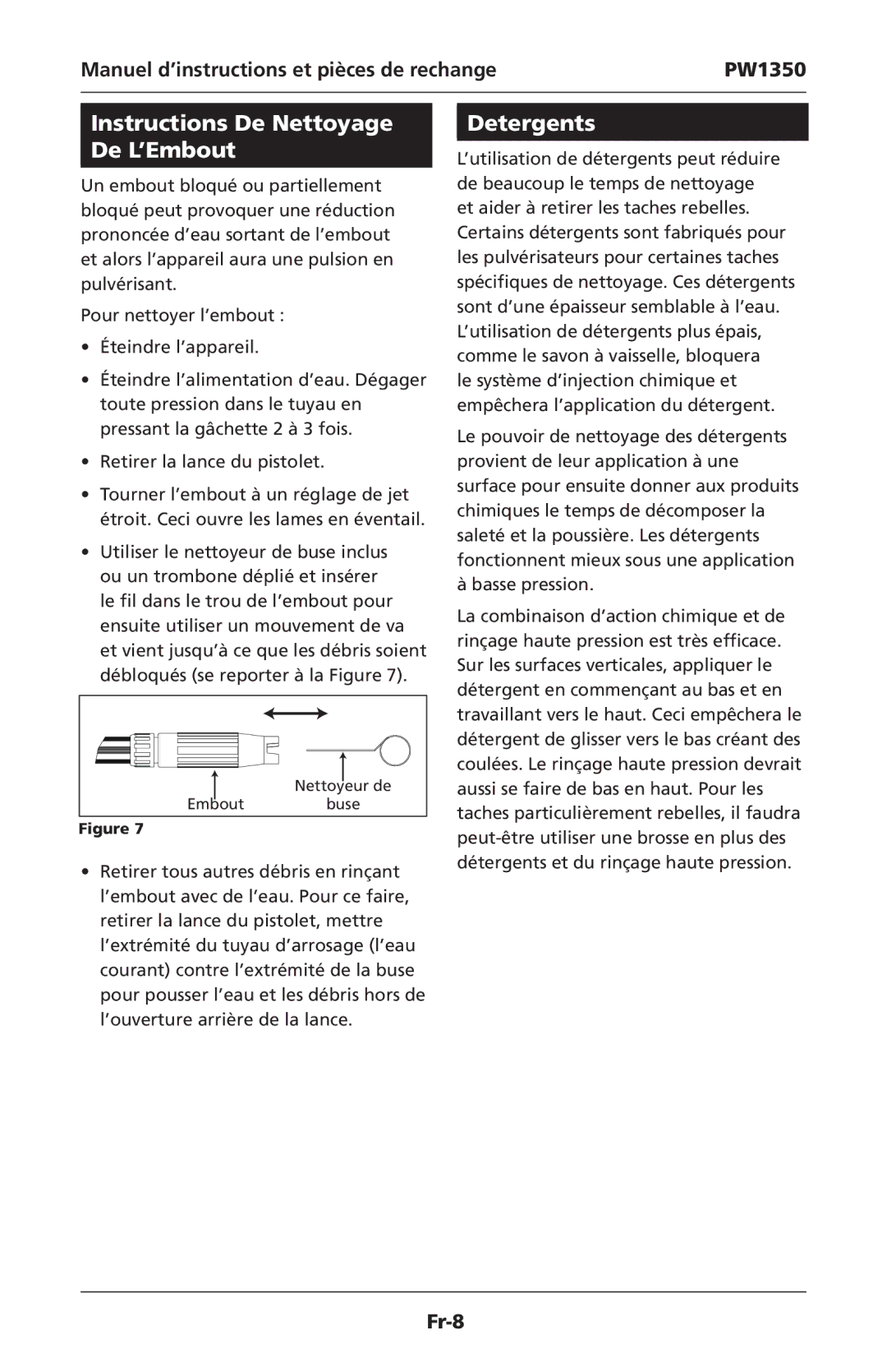 Campbell Hausfeld IN468001AV specifications Instructions De Nettoyage De L’Embout, Detergents 