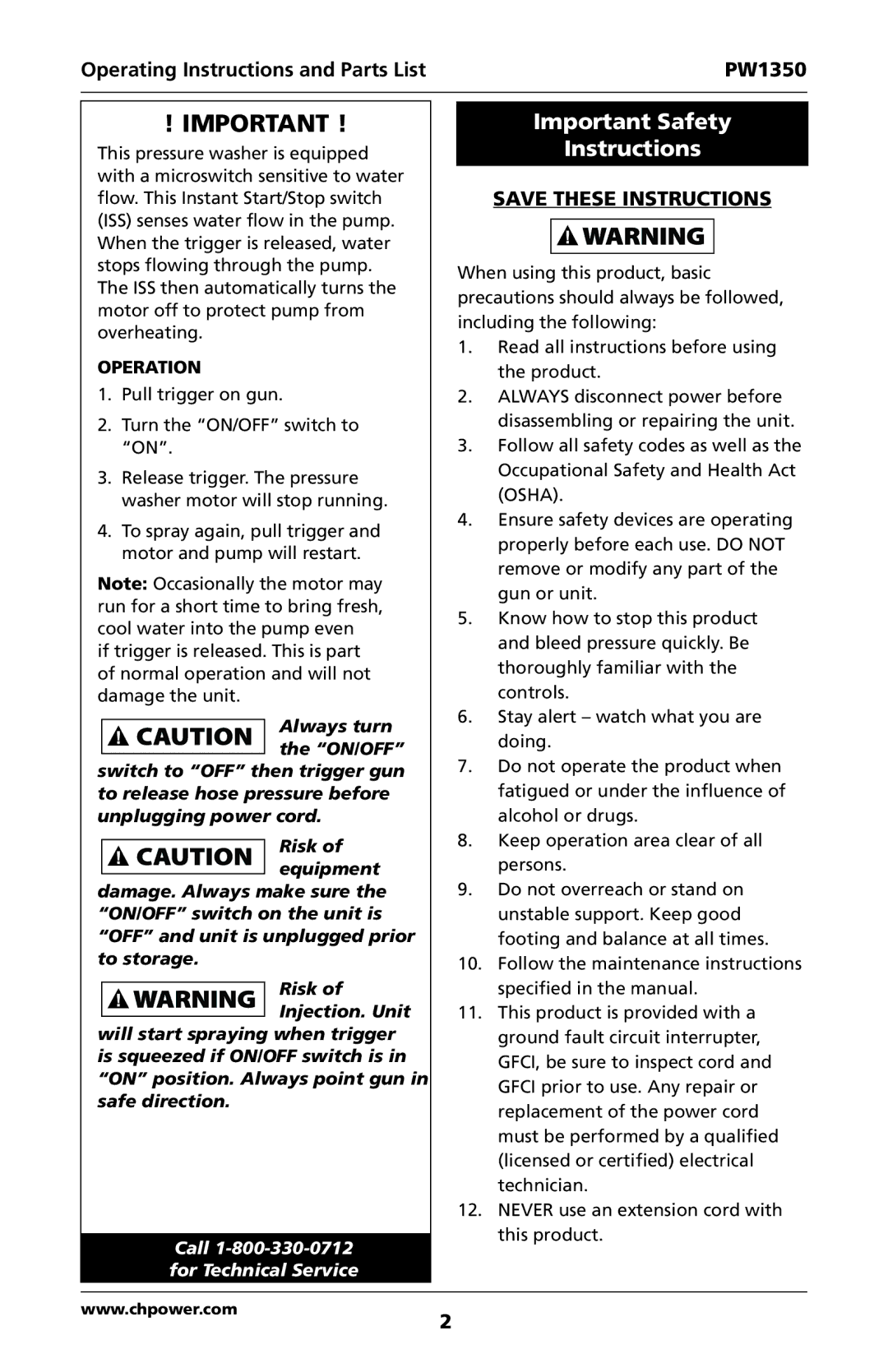 Campbell Hausfeld IN468001AV specifications Important Safety Instructions, Operation 