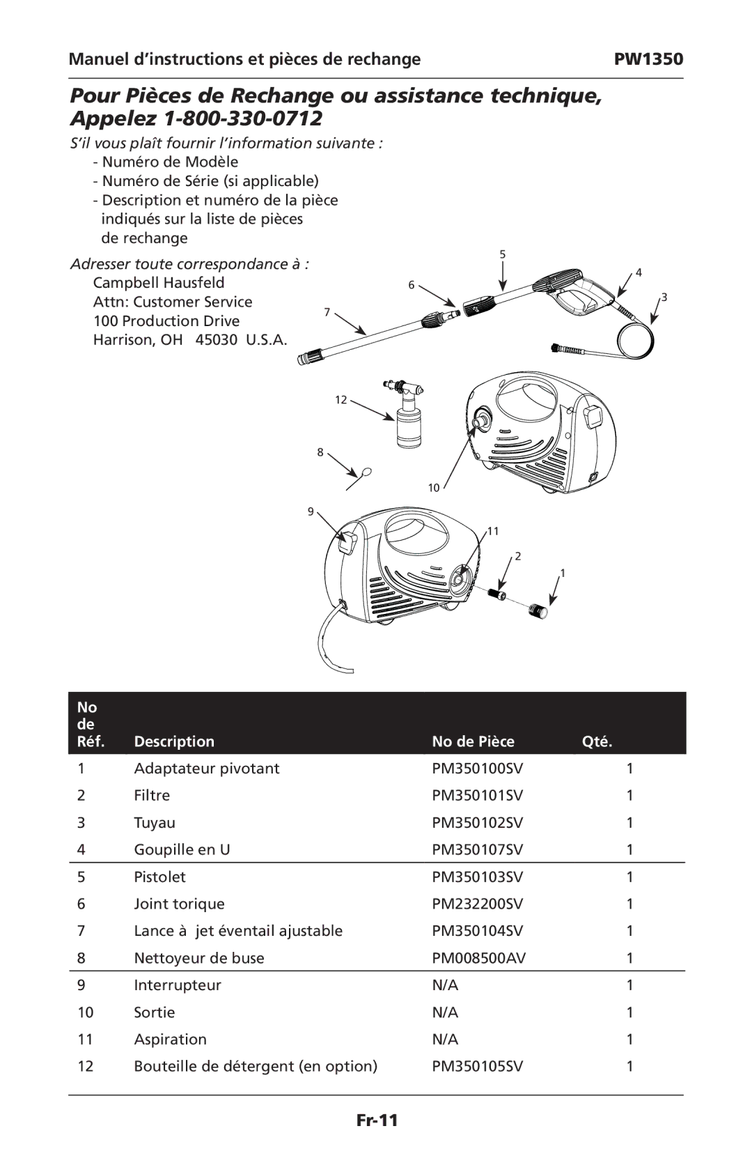 Campbell Hausfeld IN468001AV specifications Pour Pièces de Rechange ou assistance technique, Appelez 