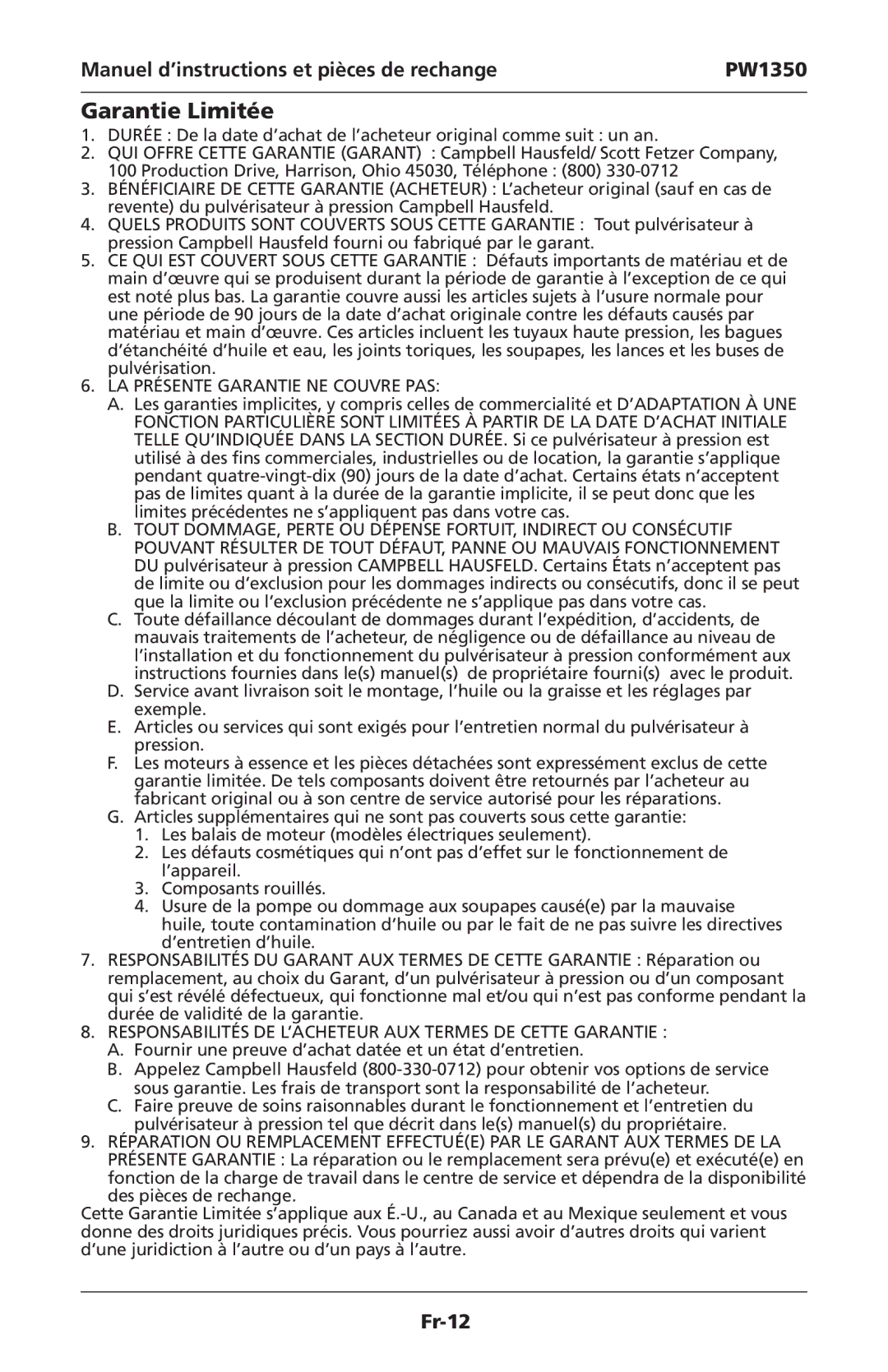 Campbell Hausfeld IN468001AV specifications Garantie Limitée, LA Présente Garantie NE Couvre PAS 