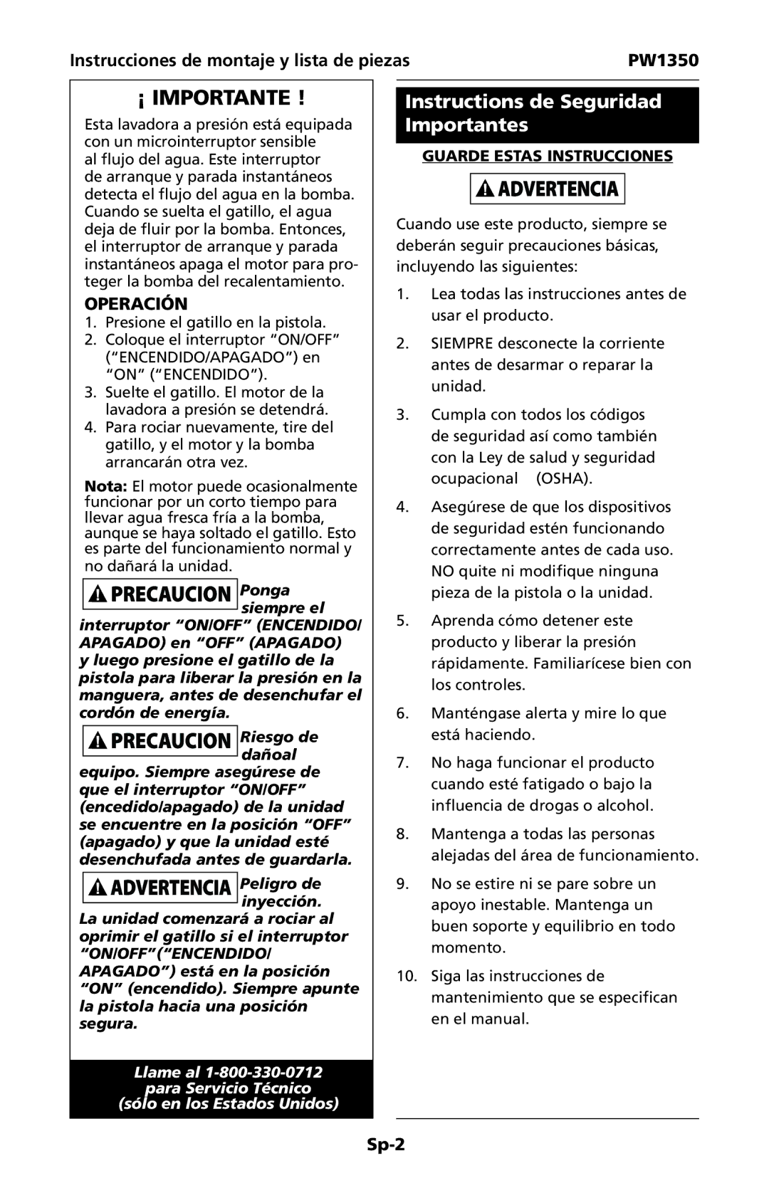 Campbell Hausfeld IN468001AV specifications Instructions de Seguridad Importantes, Guarde estas instrucciones 