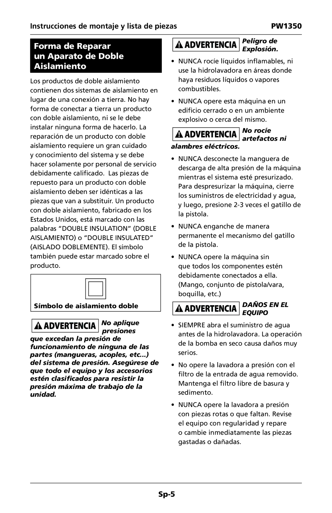 Campbell Hausfeld IN468001AV specifications Forma de Reparar un Aparato de Doble Aislamiento, Símbolo de aislamiento doble 