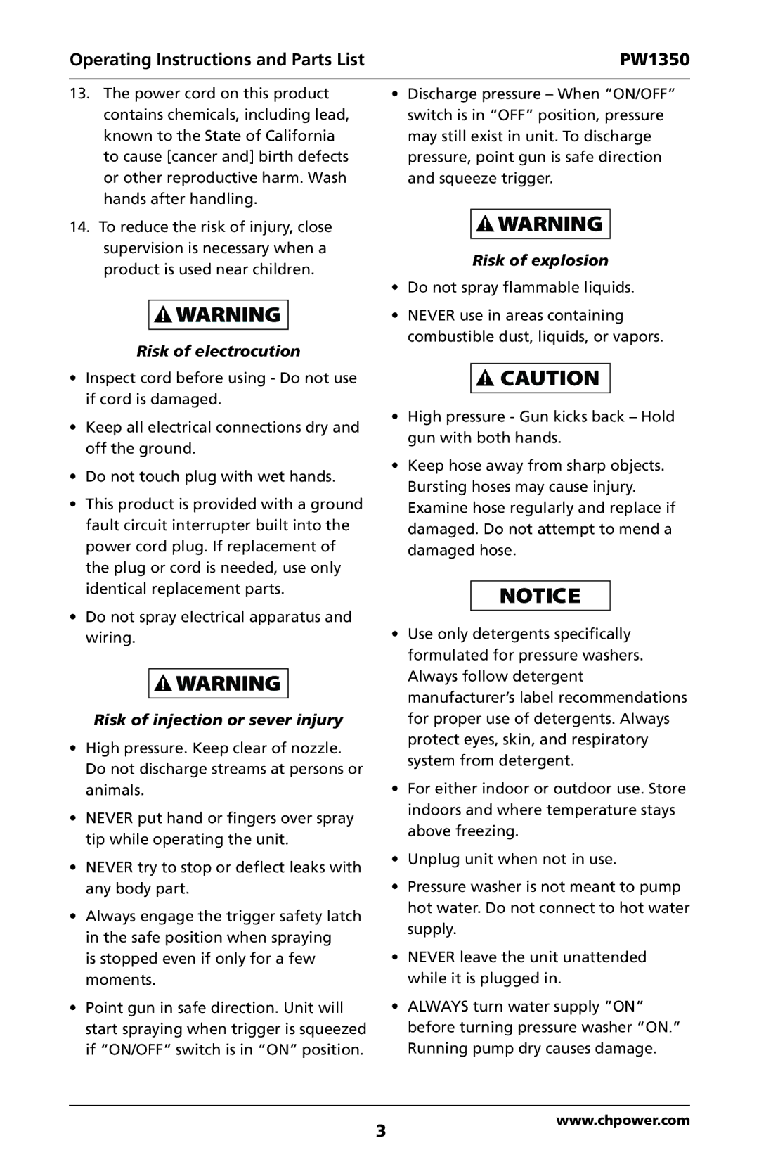 Campbell Hausfeld IN468001AV specifications Risk of electrocution, Risk of injection or sever injury, Risk of explosion 