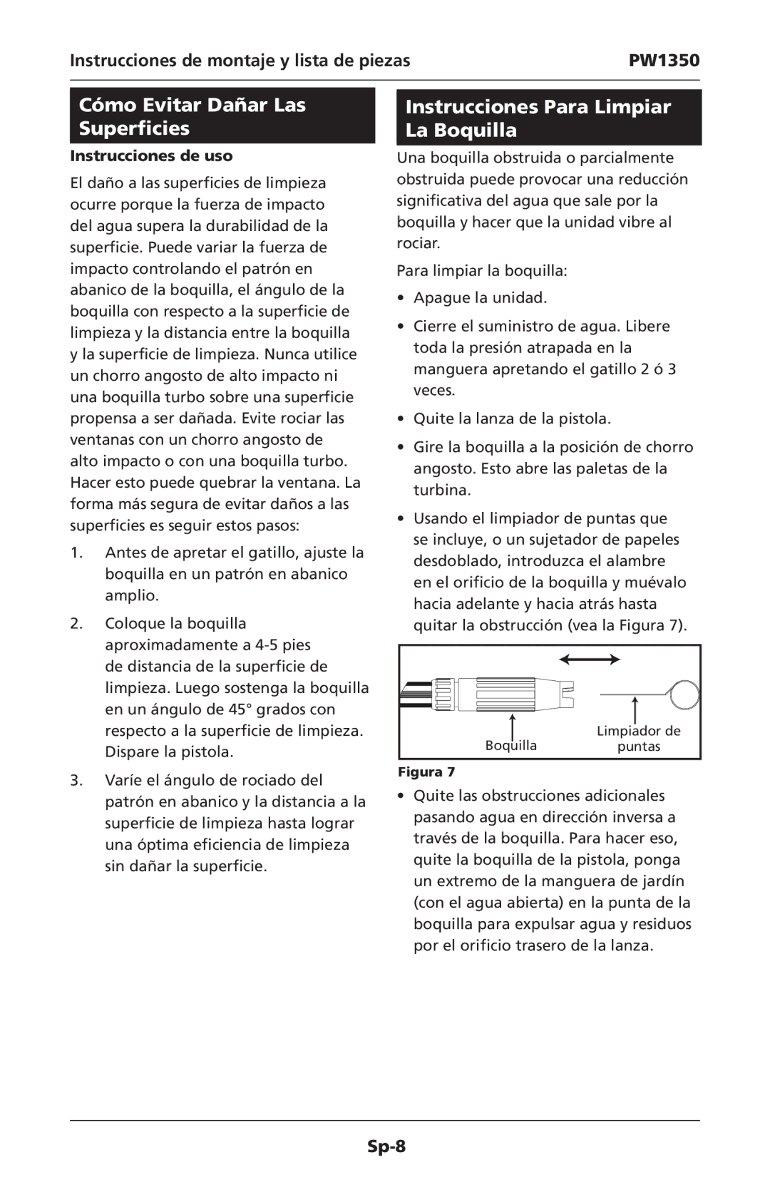 Campbell Hausfeld IN468001AV specifications Cómo Evitar Dañar Las Superficies, Instrucciones Para Limpiar La Boquilla 