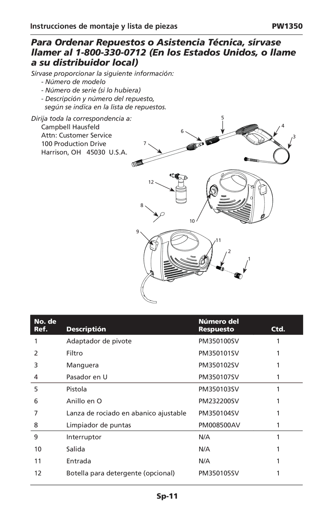 Campbell Hausfeld IN468001AV specifications Sp-11 