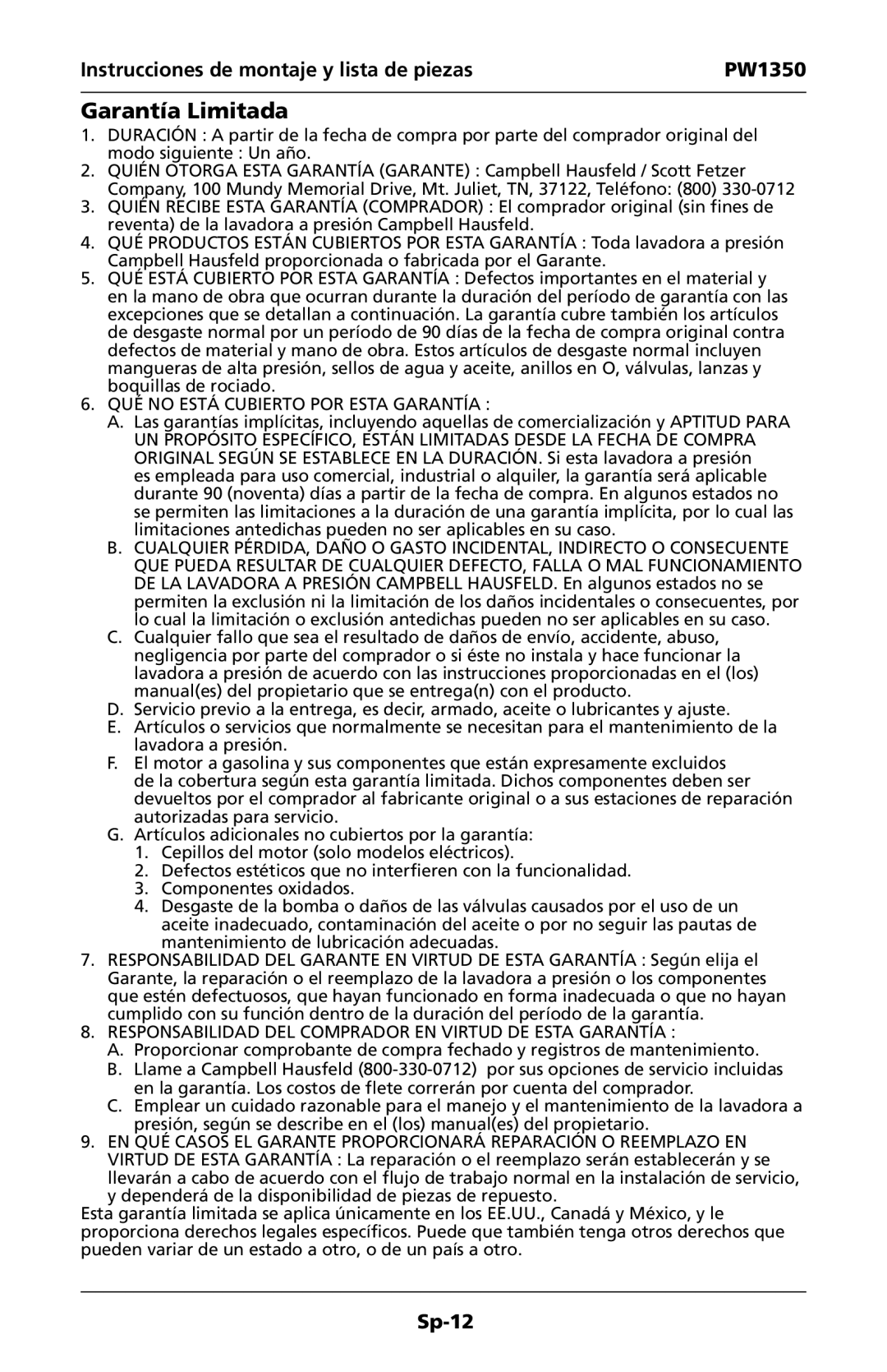 Campbell Hausfeld IN468001AV specifications Garantía Limitada, QUÉ no Está Cubierto POR Esta Garantía 