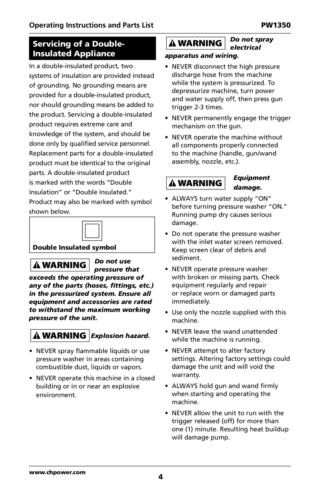 Campbell Hausfeld IN468001AV Servicing of a Double Insulated Appliance, Double Insulated symbol, Equipment damage 