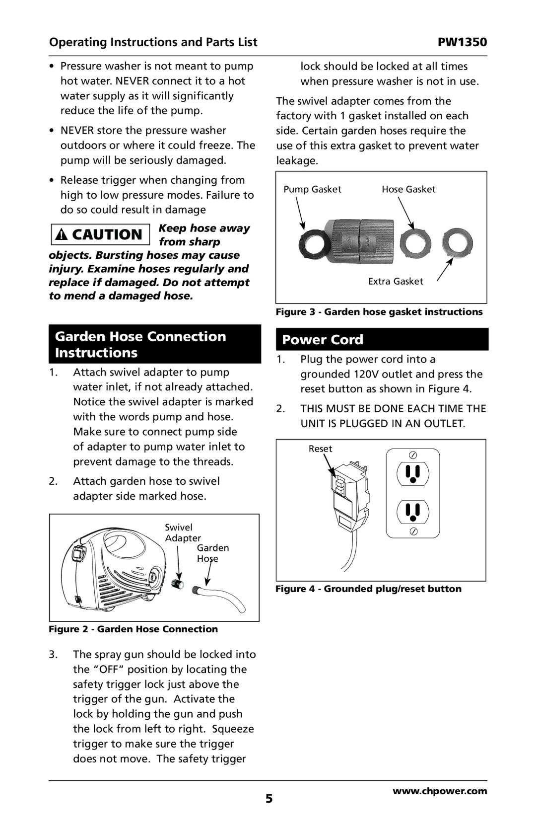 Campbell Hausfeld IN468001AV specifications Garden Hose Connection Instructions, Power Cord 